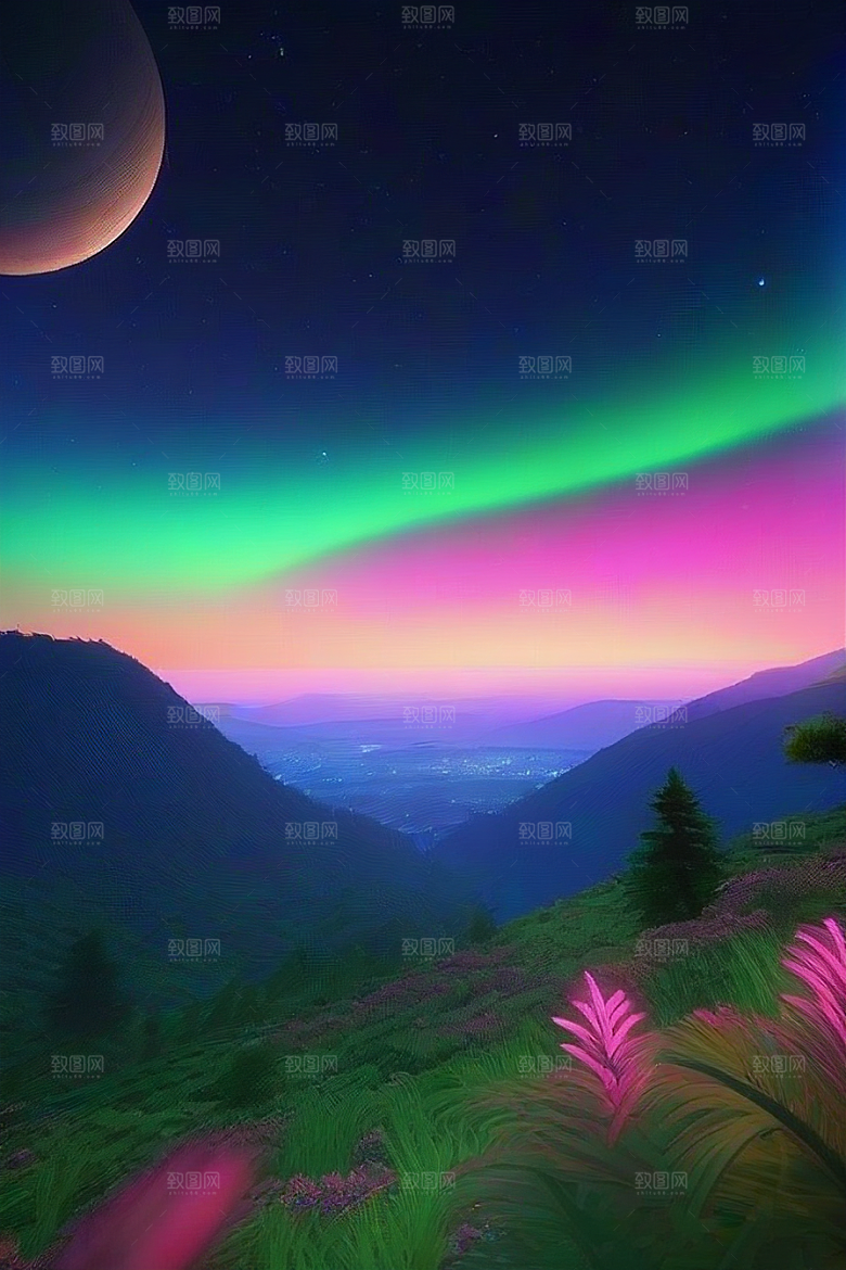 夏夜星辰奇幻极光与仙境丛林