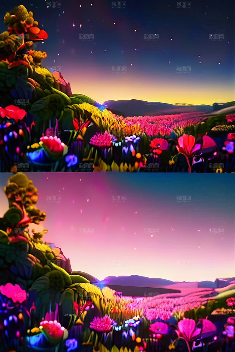 夏夜星辰奇幻极光与仙境丛林