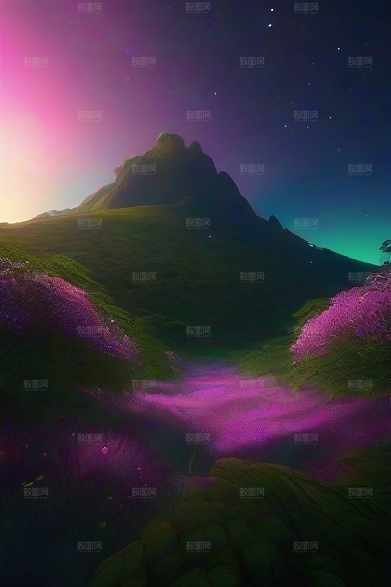 夏日星夜奇幻极光与神秘丛林