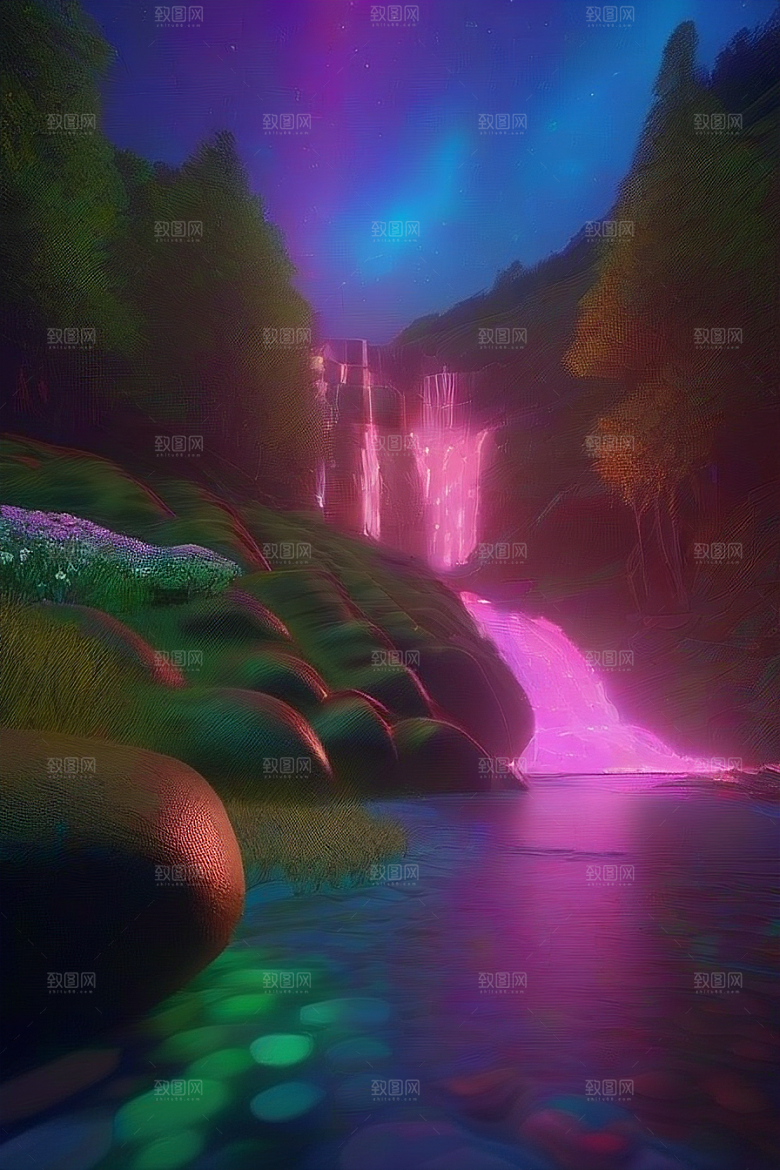 夏日星夜奇幻极光与神秘丛林