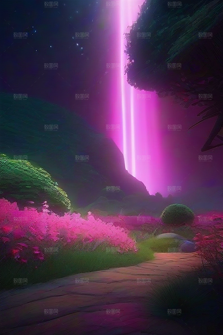 夏日星夜奇幻极光与神秘丛林