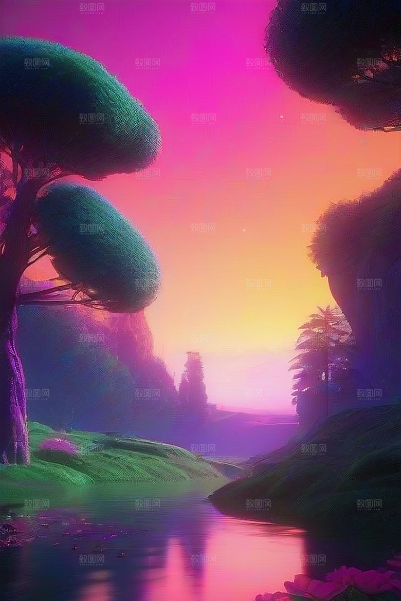 夏日星夜奇幻极光与神秘丛林