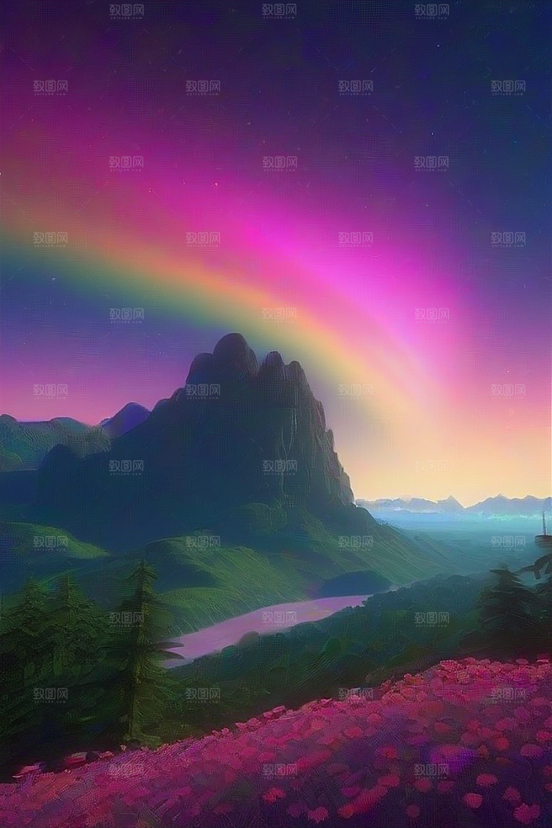 夏日星夜奇幻极光与神秘丛林