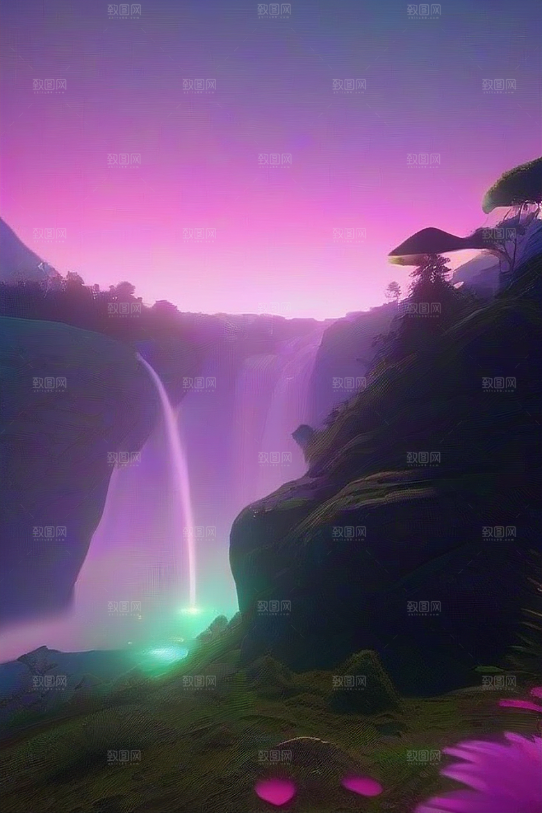 夏日星夜奇幻极光与神秘丛林