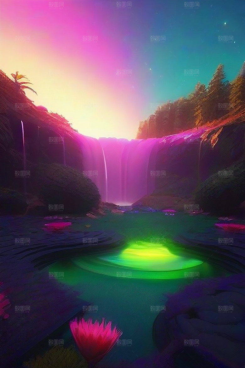 夏日星夜奇幻极光与神秘丛林