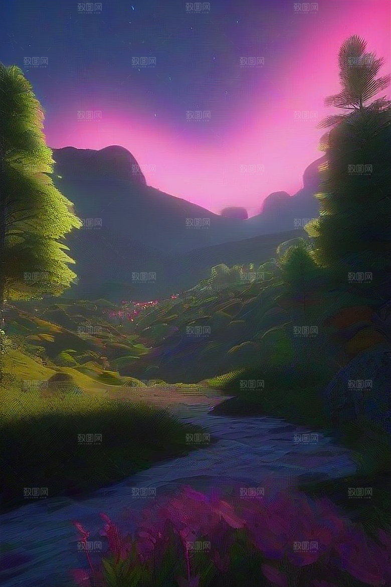 夏夜星辰奇幻极光与丛林