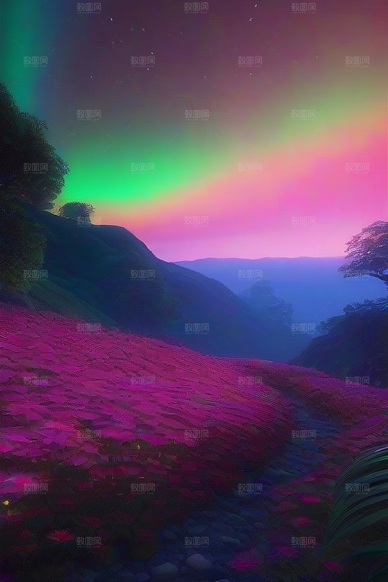 夏夜星辰奇幻极光与丛林