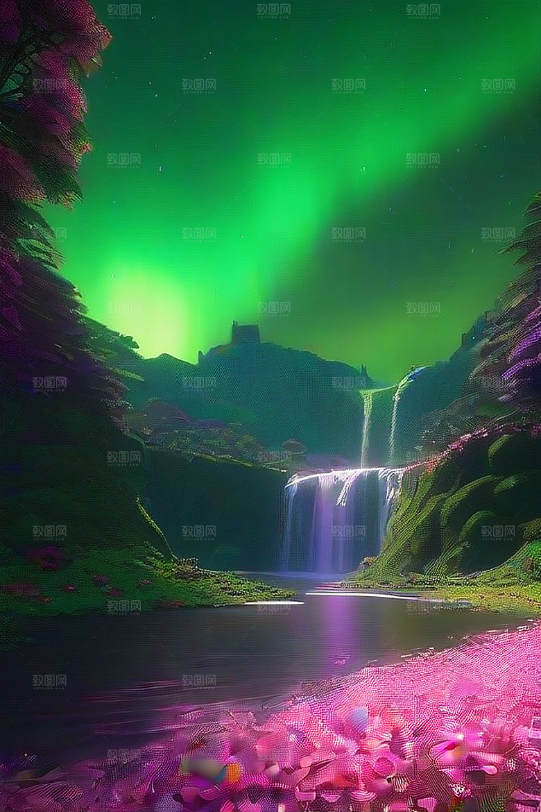 夏夜星辰奇幻极光与丛林