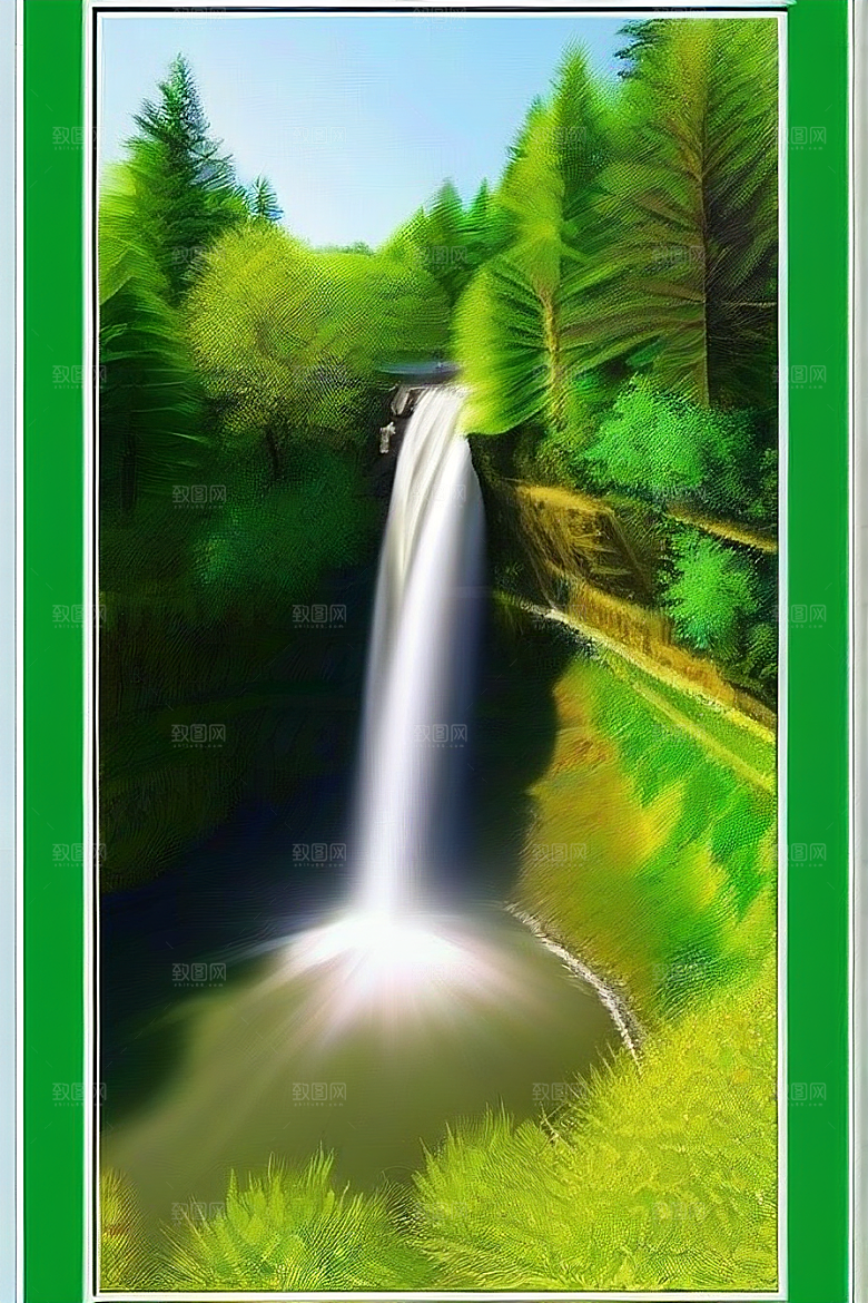 翠绿色的大瀑布与湍急的河流