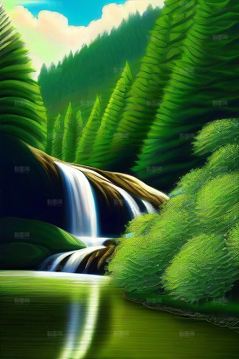 松树下的翠绿与蔚蓝天空