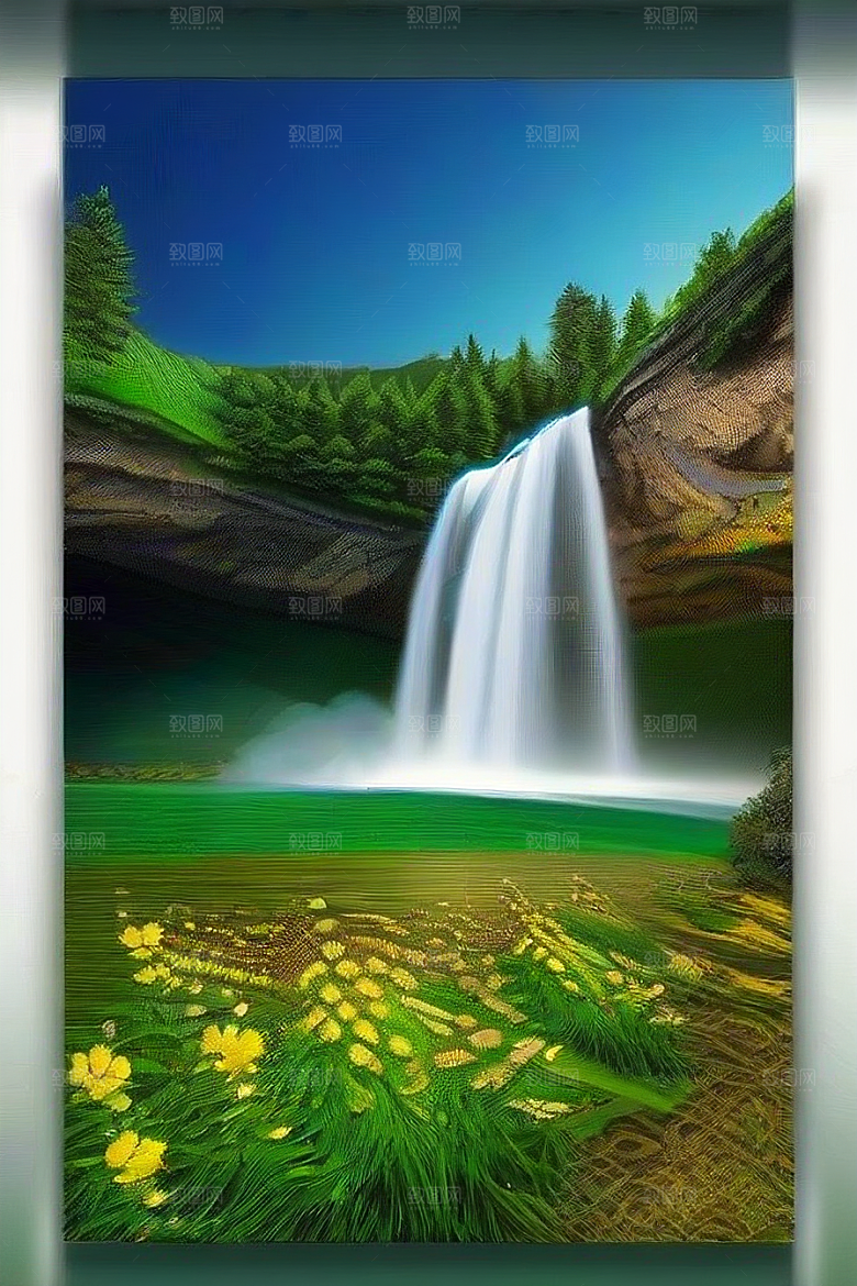 瀑布间的深绿色水流