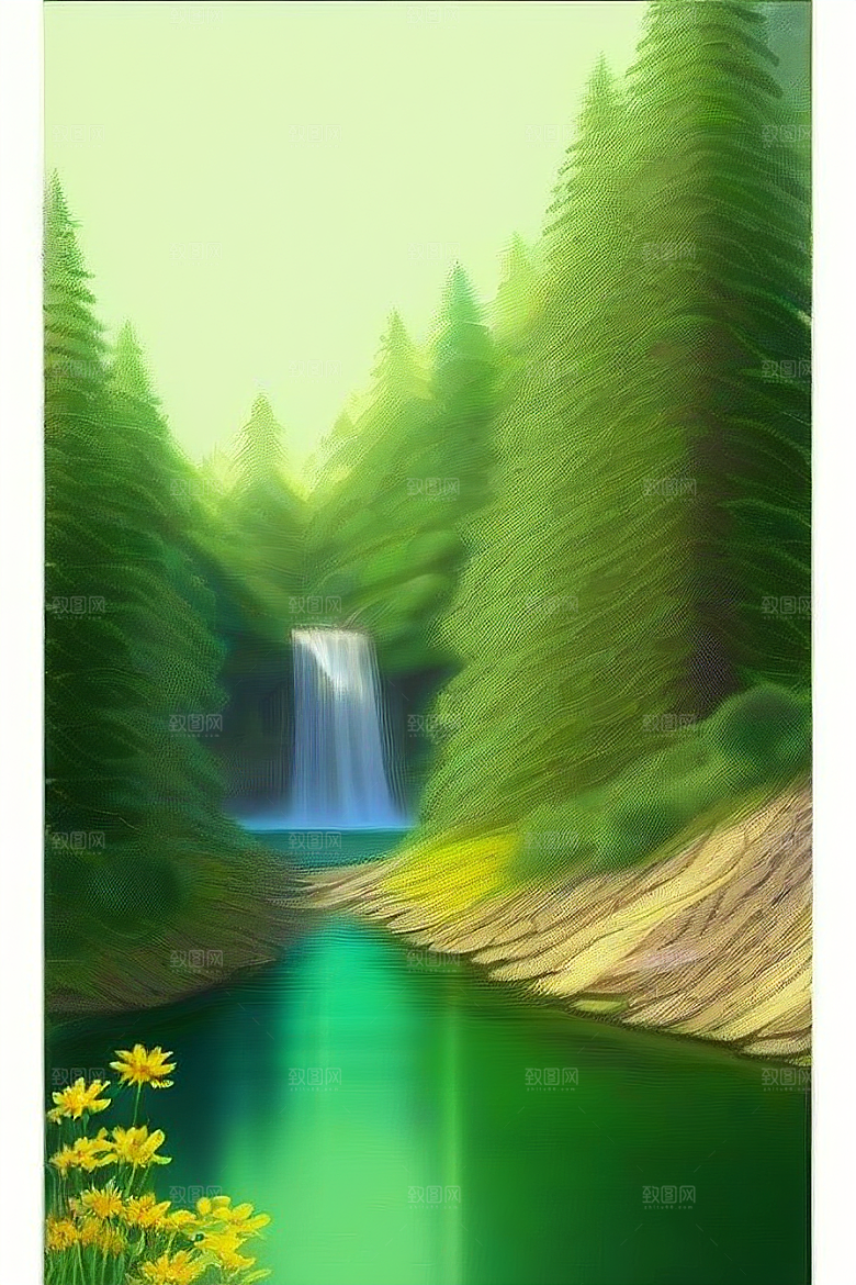 瀑布间的深绿色水流