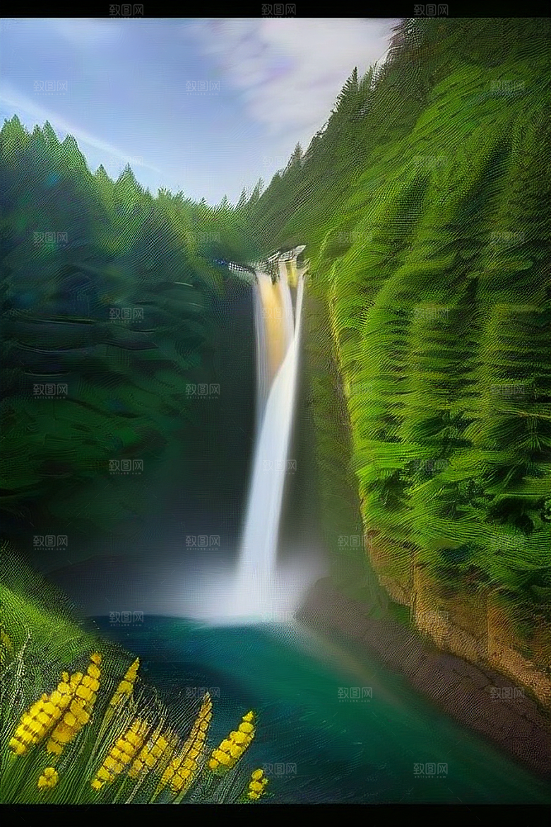 瀑布间的深绿色水流