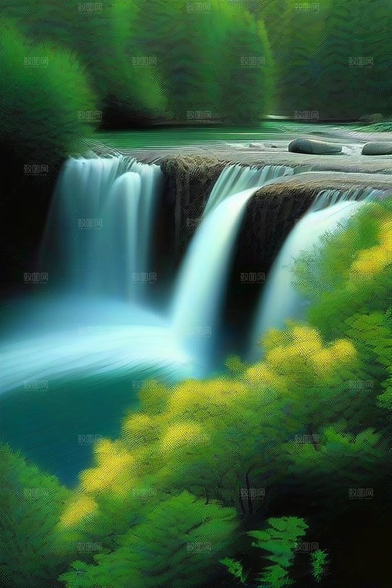 瀑布间的深绿色水流