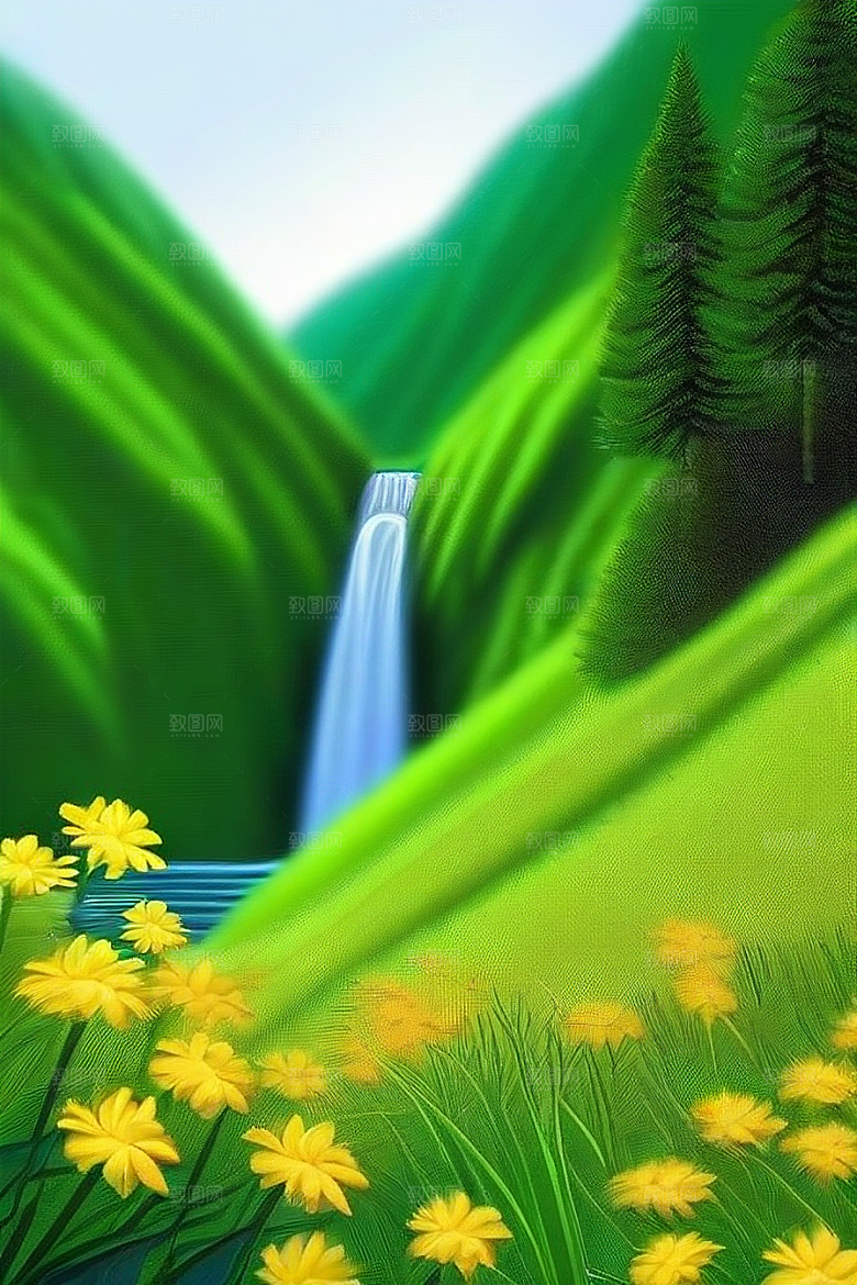 瀑布间的深绿色水流