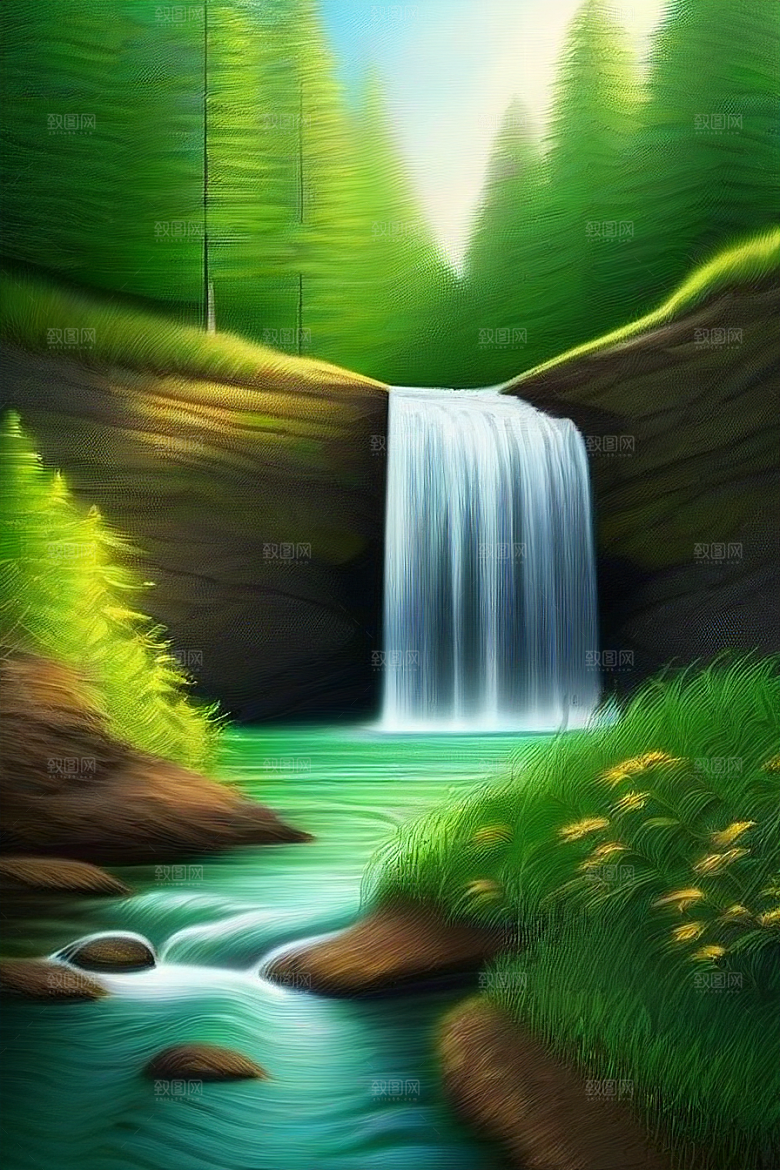 瀑布间的深绿色水流