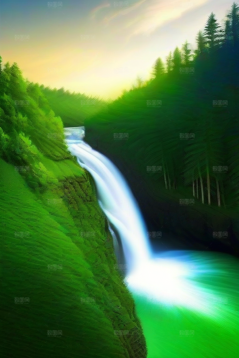 瀑布间的深绿色水流