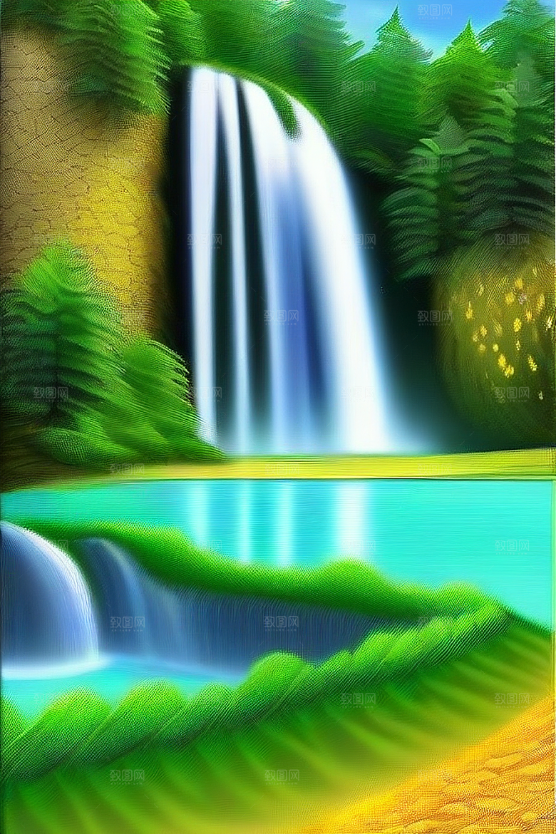 瀑布间的深绿色水流