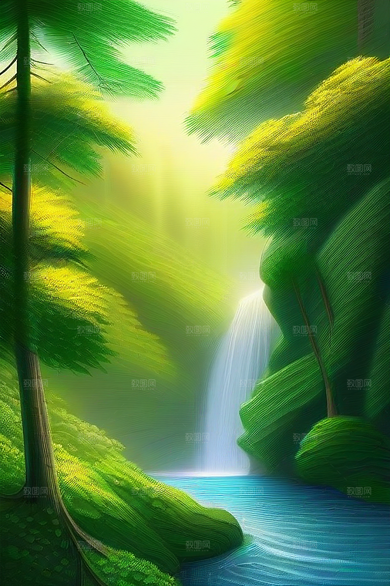 深绿色的大瀑布与湍急的河流