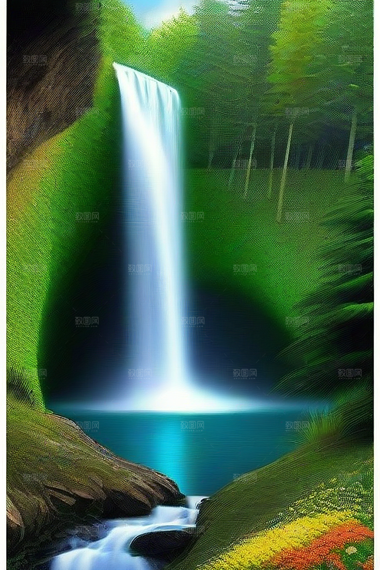 深绿色的大瀑布与湍急的河流