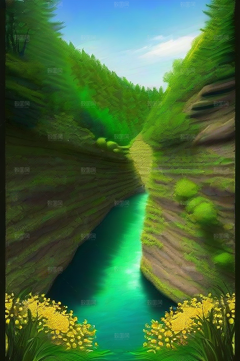 河边的嫩绿草地与金黄花朵