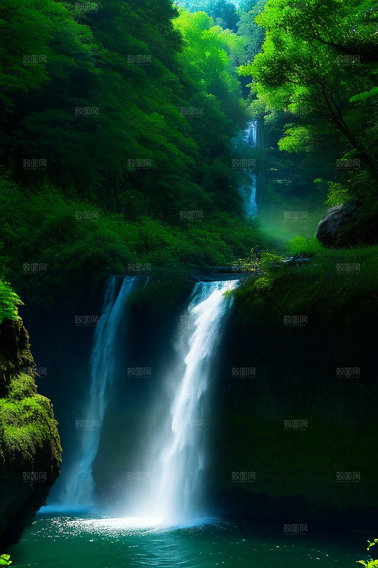 翠绿色的大瀑布与湍急的河流