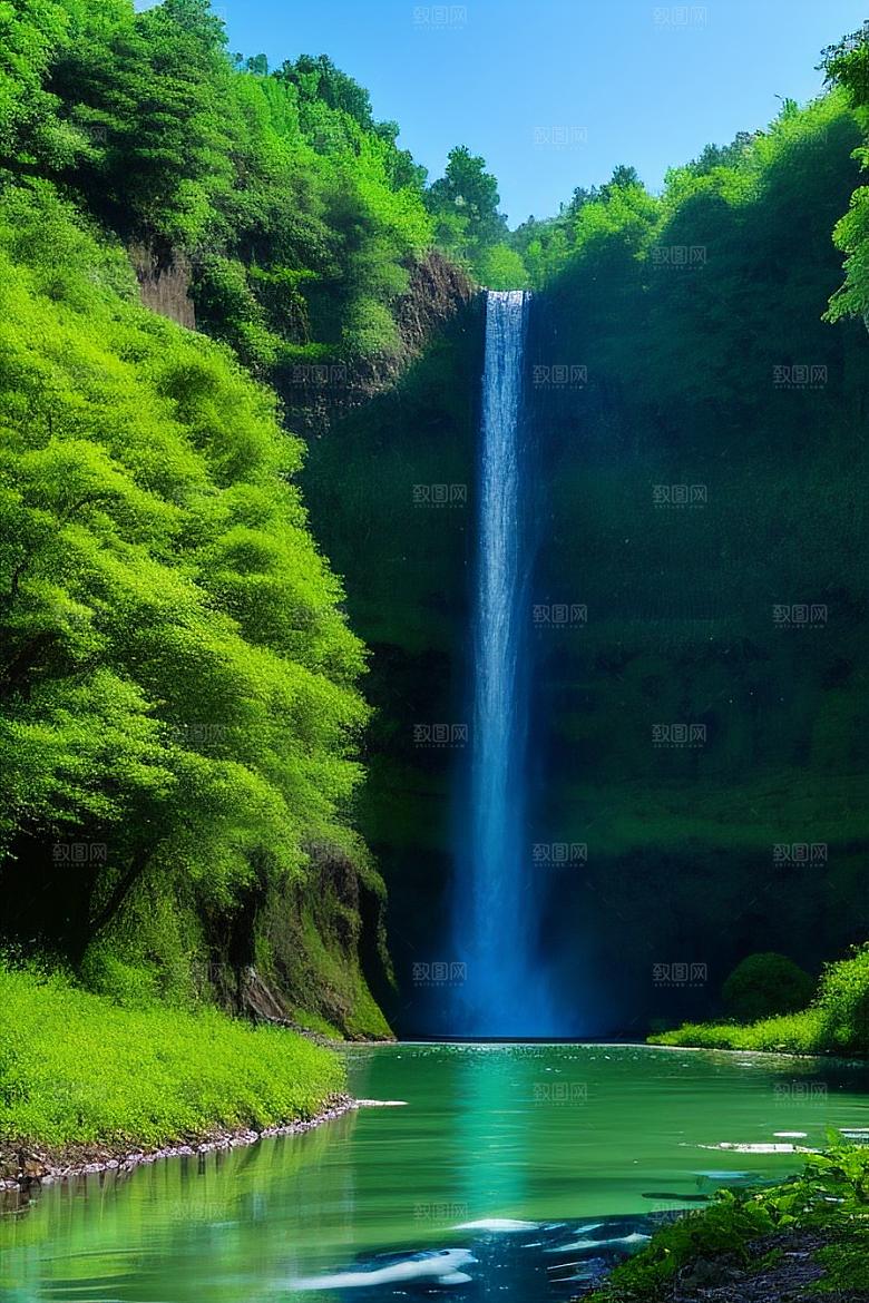 翠绿色的大瀑布与湍急的河流