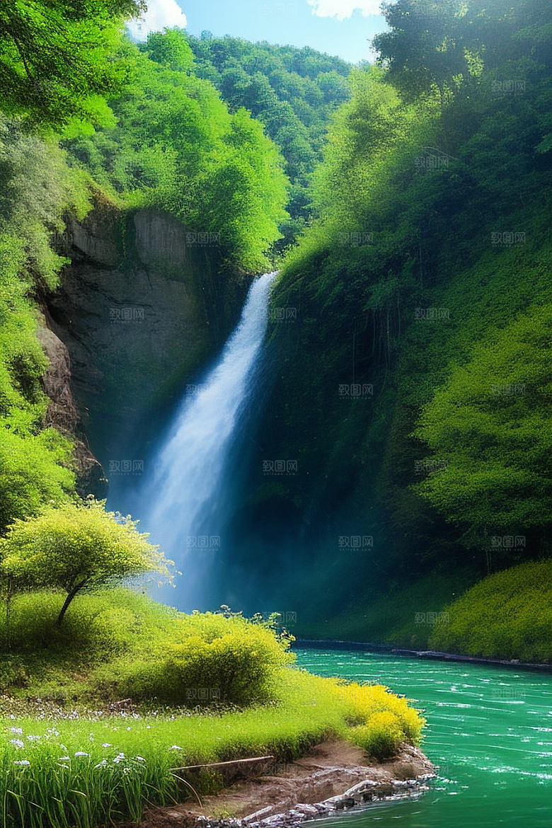 翠绿色的大瀑布与湍急的河流