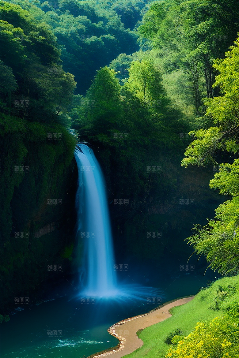 翠绿色的大瀑布与湍急的河流