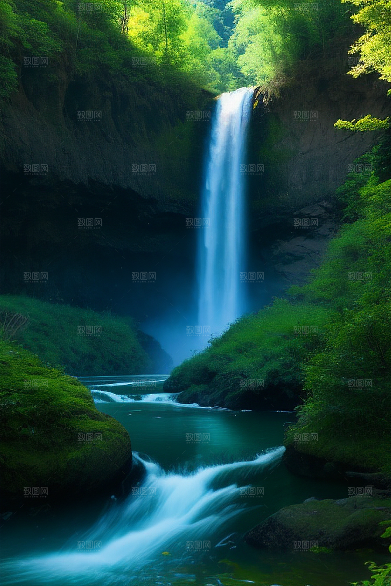 翠绿色的大瀑布与湍急的河流