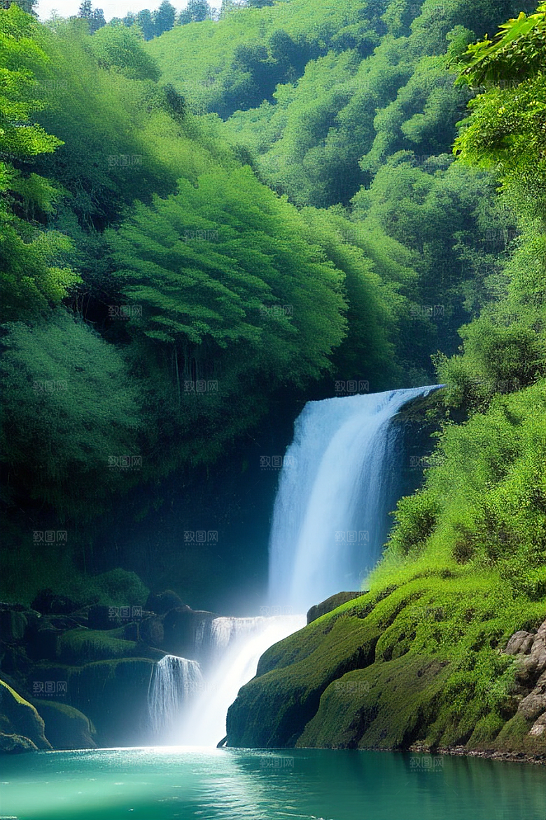 翠绿色的大瀑布与湍急的河流