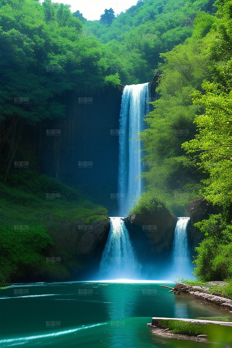 翠绿色的大瀑布与湍急的河流