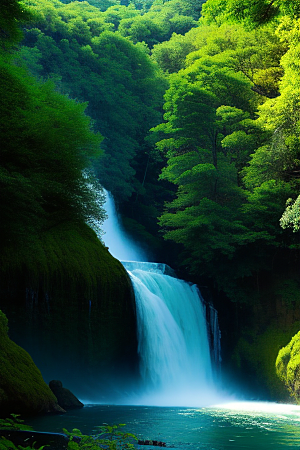 翠绿色的大瀑布与湍急的河流