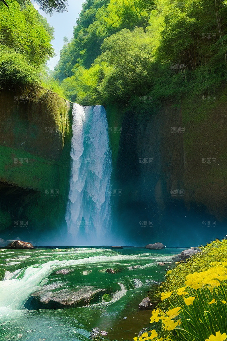 翠绿色的大瀑布与湍急的河流