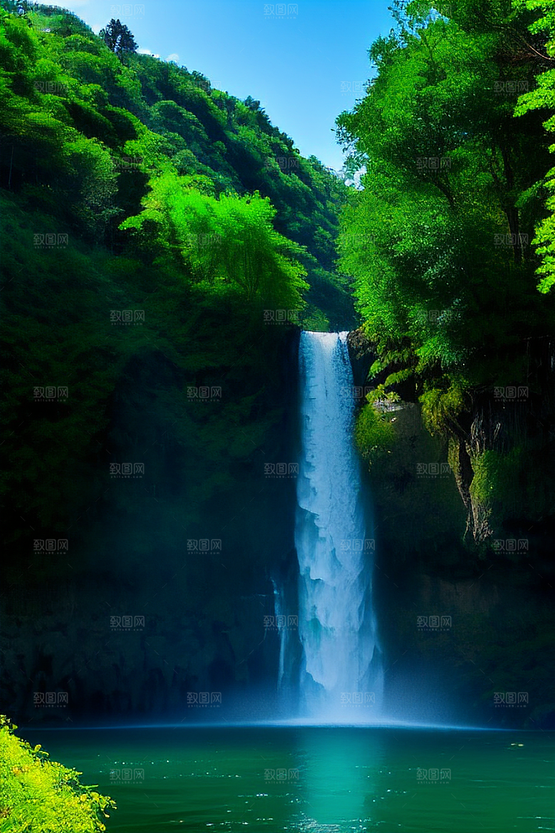 翠绿色的大瀑布与湍急的河流