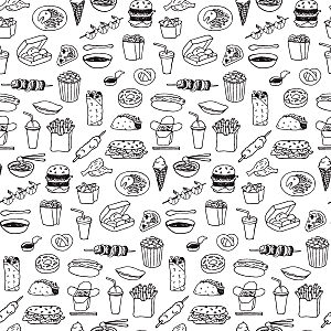 线描快餐食物矢量背景图