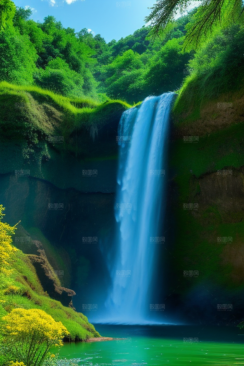 瀑布间的深绿色水流