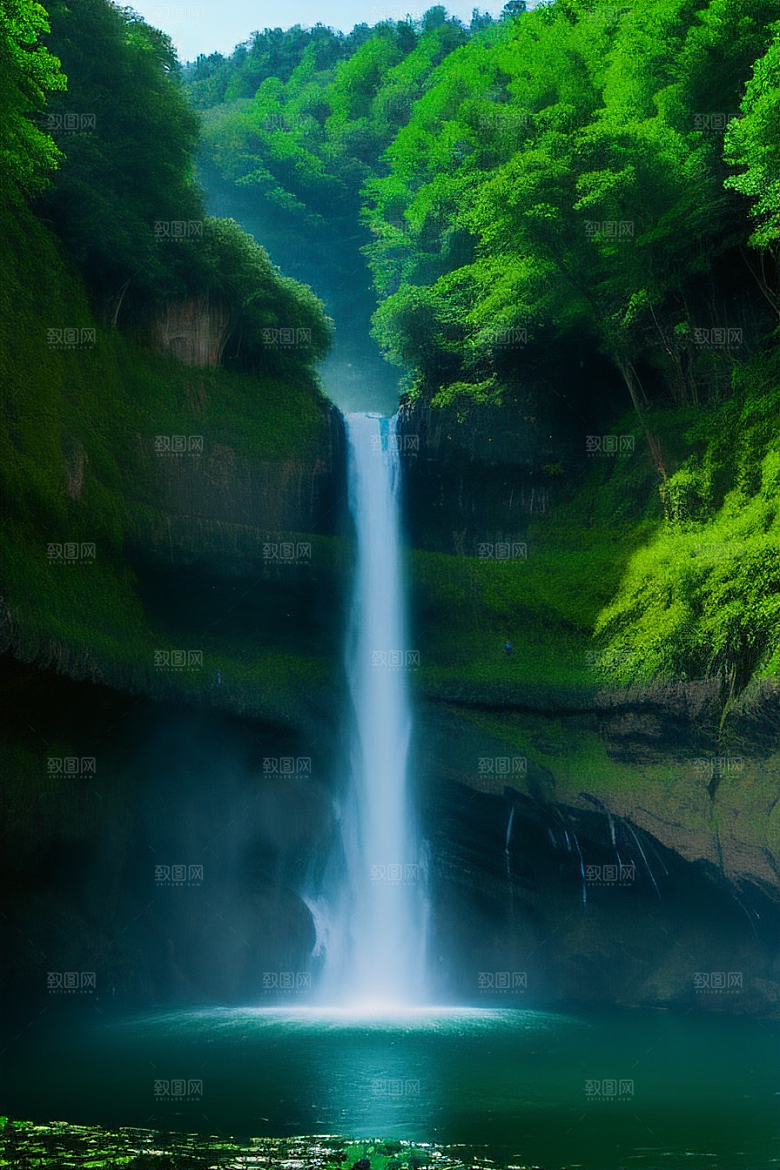 瀑布间的深绿色水流