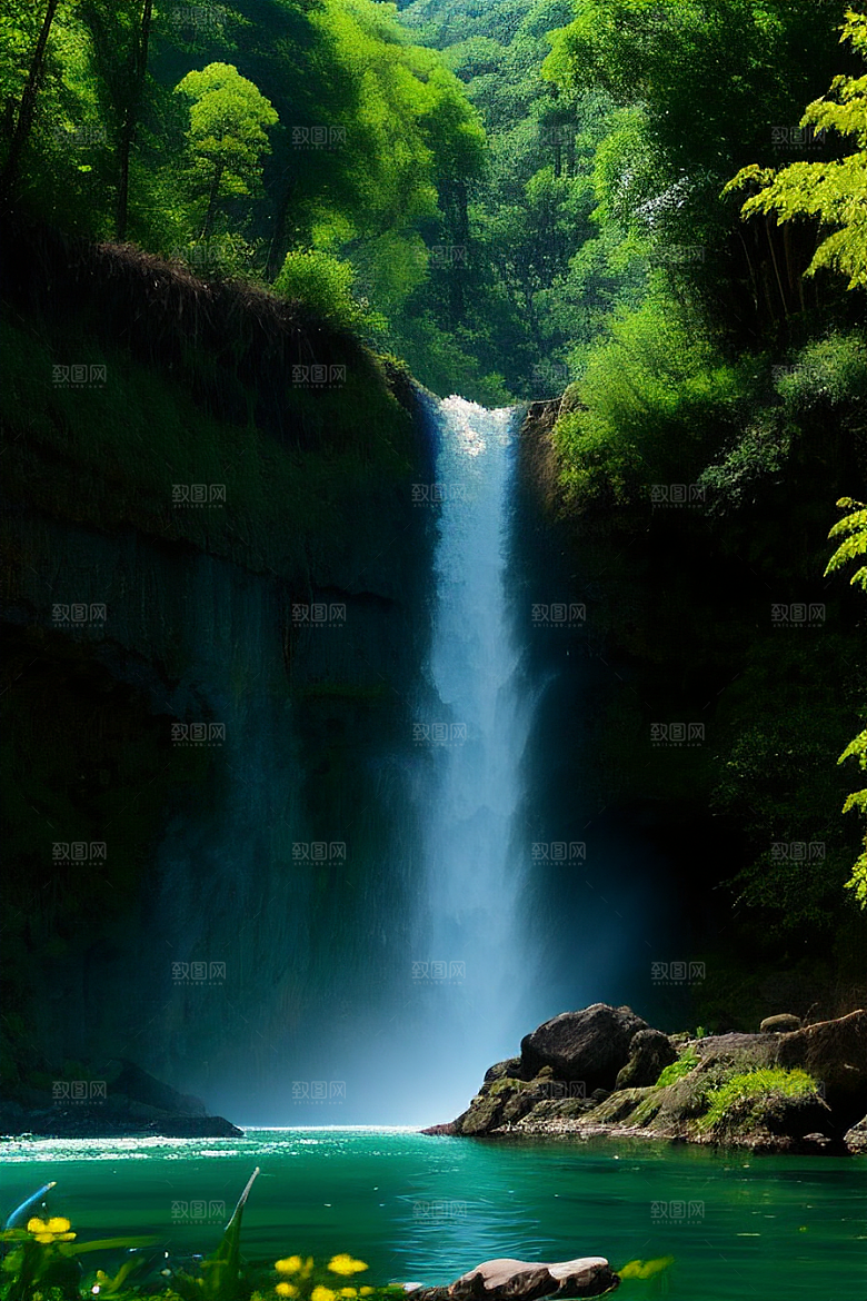 瀑布间的深绿色水流