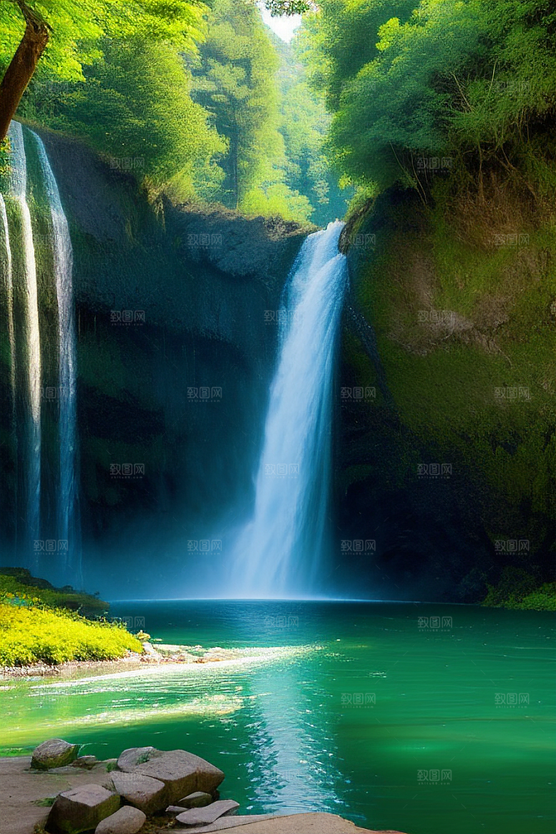 瀑布间的深绿色水流