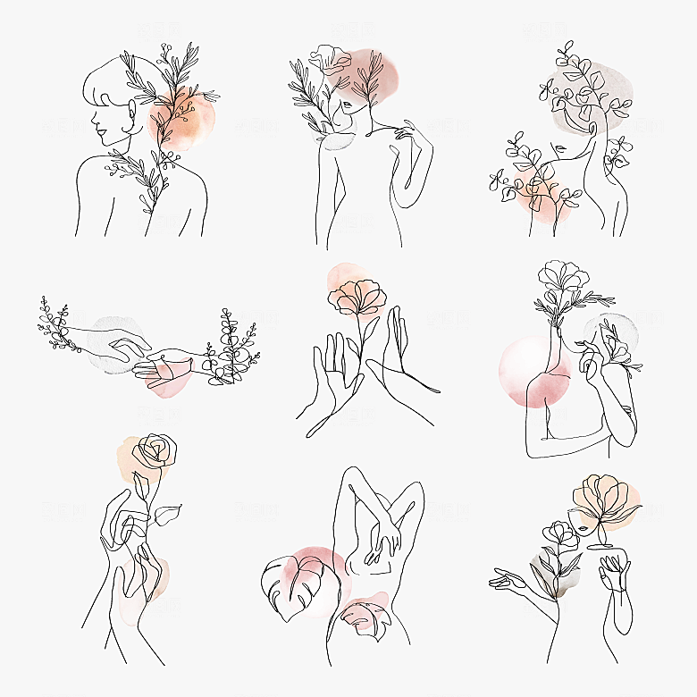 艺术抽象风女性线描矢量合集