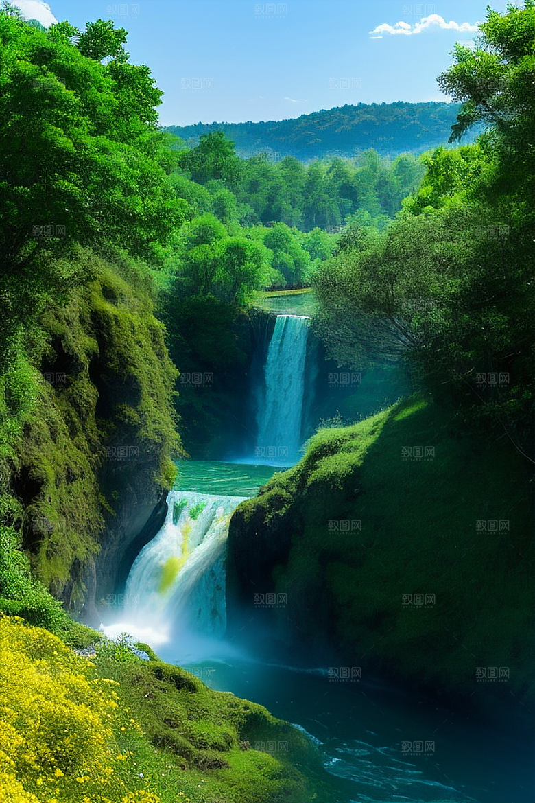 瀑布间的深绿色水流