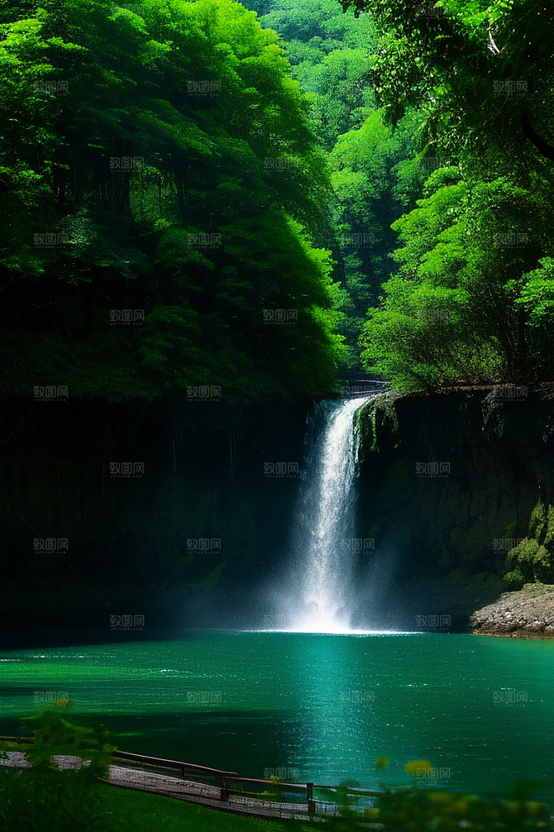 瀑布间的深绿色水流