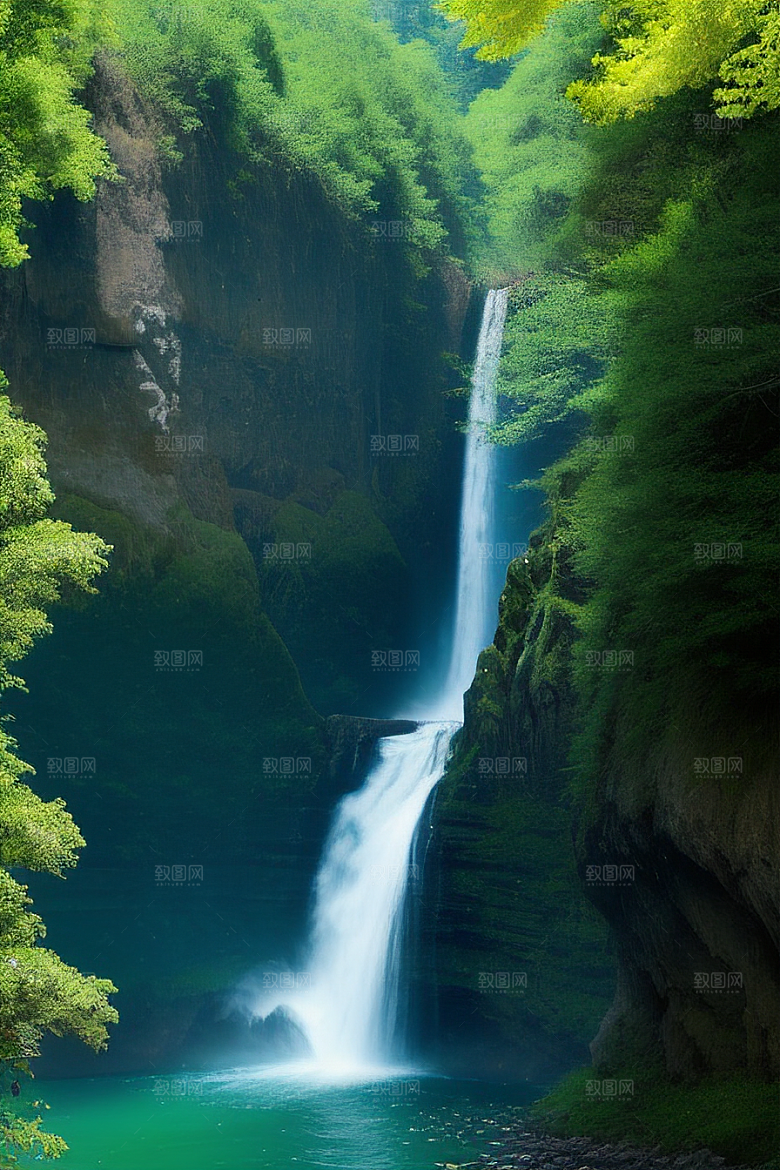 瀑布间的深绿色水流