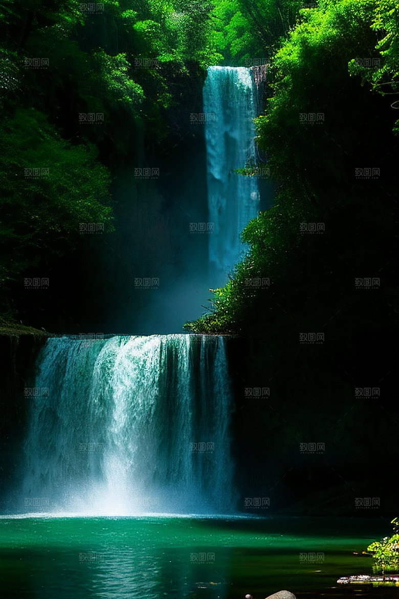 瀑布间的深绿色水流