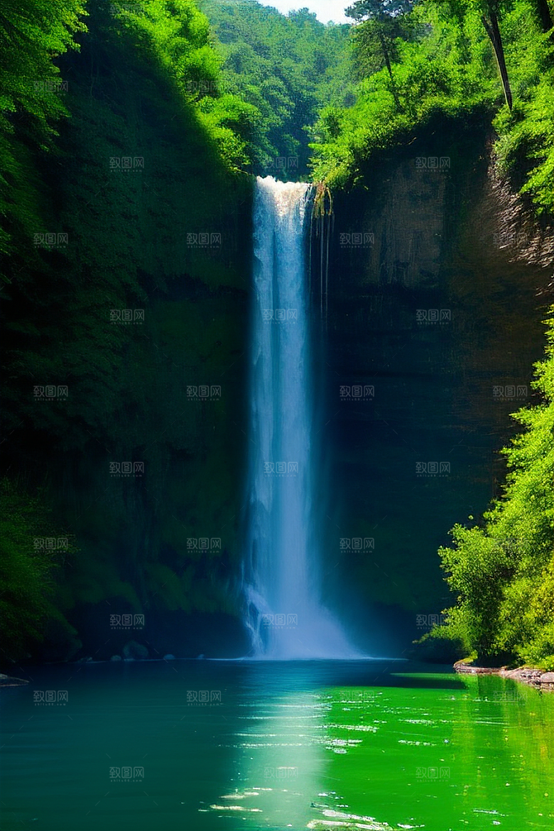 瀑布间的深绿色水流