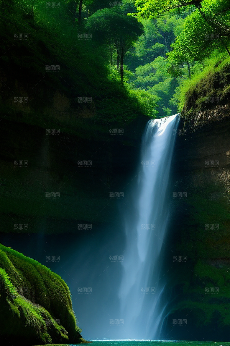 瀑布间的深绿色水流
