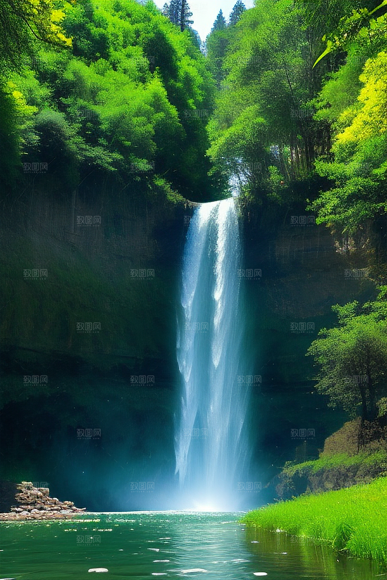 深绿色的大瀑布与湍急的河流