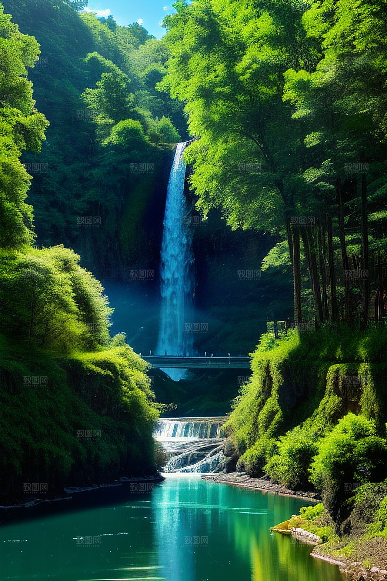 深绿色的大瀑布与湍急的河流