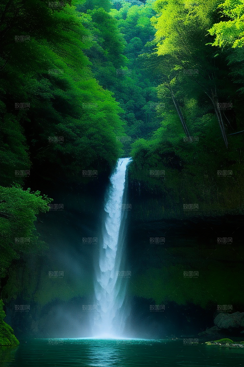 深绿色的大瀑布与湍急的河流